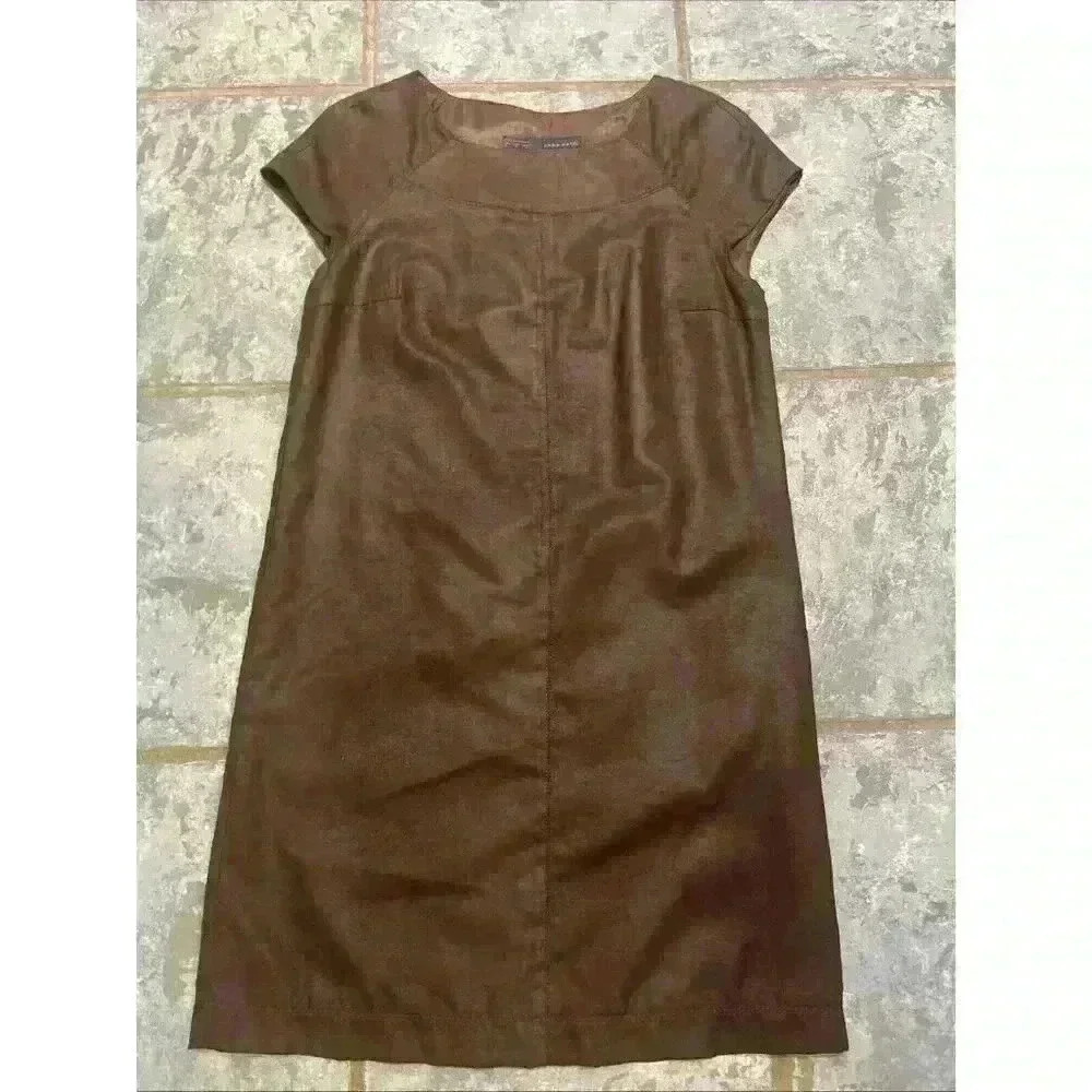 Zara Basic Dress Woman's Sz S Mini Tunic Chocolate Brown Faux Suede Classic Boho